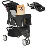 PawHut Cat Stroller, 3 Wheels Foldable Dog Stroller with Storage Basket, Brake, Adjustable Canopy, Cupholders, Pet Stroller for Miniature and Small Dogs Travel, Black