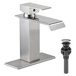 Hononnice Brushed Nickel Bathroom Faucet Waterfall for Sink 1 Hole Single Handle Bathroom Faucets Chrome Bathroom Vanity Faucet with Pop Up Drain with Overflow and Hose Vanity Mixer Tap Deck Mount