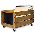 Navaris Wooden Record Crate with Wheels - Vinyl Album Storage Holder Box Wood Case with Chalkboard Sign Board - Holds up to 80 LP Records - Dark Brown