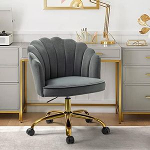 HULALA HOME Velvet Home Office Chair with Gold Base, Womans Modern Cute Shell Back Upholstered Desk Chair for Vanity, Adjustable Swivel Task Chair for Living Room, Grey