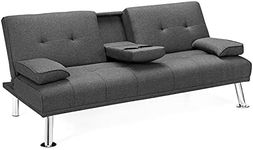DORTALA Sofa Bed, Futon Sofa w/ Iron Leg, Adjustable Angle Function, Removable Armrests, Foldable Cup Holders, Breathable Linen Fabric, High-resilience Sponge, Ideal for Studio Living Room Apartment, Dark Gray