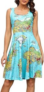 Fanient Women's Midi Dress World Map Dress Fashion Casual Swing Dress A Line Scoop Neck Sleeveless Sundress XL