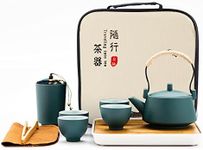 fanquare Japanese Green Kungfu Tea Set, Chinese Portable Tea Set with Tray, Porcelain Gift Tea Set for Adults, Travel Tea Set