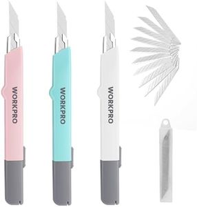 WORKPRO Lot de 3 Cutters Professionnels, Couteau Utilitaire Rétractable 9mm, Positions de Verrouillage, Cuter Rétractable, 10 Lames de Rechange Comprises, Idéal pour Papier, Carton, Trois Couleurs