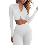 Women Yoga Outfit Fitness Sportswear Suit 2 Piece Seamless Long-Sleeve Full Zip Crop Top+High Waist Running Legging Sets(White,L)