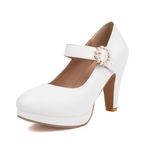 Fashion Women High Heels Bow Platform Round Toe Pumps Leather Summer Sweet Shoe（White 6-2，6）