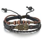 COOLSTEELANDBEYOND Mens Womens Multi-Strand Black Braided Leather Brown Cotton Strap Bracelet with Owl and Beads Charms(CA)