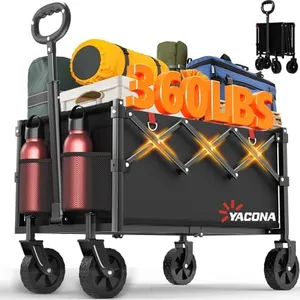 YACONA Wagons Carts Foldable, Lightweight Portable Utility Shopping Cart with Wheels, Folding Grocery Wagon Cart for Grocery, Camping, Shopping, Beach, Garden, Sports Black