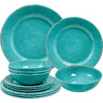 ZAROCRUS Farmhouse Melamine Plates and Bowls Set, Set of 4 BPA Free 100% Melamine 12 Piece Vintage Dishes Dinnerware Sets,Dishwasher Safe, Teal