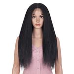 Joedir 24" Long Yaki Straight Wig T Part Kinky Straight Human Hair Feeling Synthetic Wig Deep Part HD Transparent Lace Pre Plucked with Baby Hair Wigs for Black Women(Black Color)