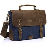 VASCHY Messenger Bags for Men, 14 inch Man Satchel Bag Genuine Leather Laptop Shoulder Bag for Women Water Resistant Canvas Briefcase with Multiple Pockets and Shoulder Strap for Work,School(Blue)