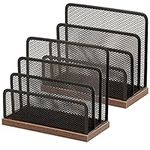 Wooden Desk Mail Organizer, Desktop File Organizer Metal Mesh with 3 Vertical Upright Compartments, Mail Sorter Letter Organizer Rack for Letters, Postcards, Brochures, Mail Holder (2 Pack Black)