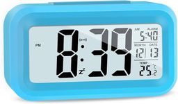 KAIJIELY Upgraded Digital Alarm Clock, 4.3" LED Display with Temperature Larger Lound Light Control Portable Snooze Calendar Brightness with Battery Powered Alarm Clocks Bedside for Everyone (Blue)