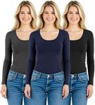 Emmalise Women's Junior and Plus Size Basic Scoop Neck Tshirt Long Sleeve Tee, 3XL, 3Pk Navy, Charcoal, Black
