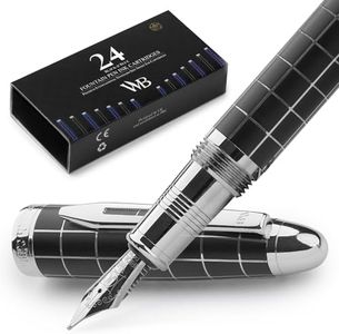 Wordsworth & Black Majesti Fountain Pen, Medium Nib, Includes 24 Ink Cartridges and Ink Refill Converter, Gift Case, Journaling, Calligraphy, Smooth Writing [Checked Chrome], Perfect for Men and Women