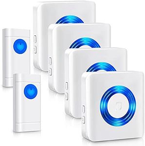 Wireless Doorbell 4 Receivers, Door Chime Kit 400M/1300ft Long Range, 2 Push Buttons with IP55 Waterproof/58 Melodies/5 Volume Levels/Flash Light - White