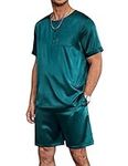 Ekouaer Men's Silk Pajama Set Short Sleeve Sleepwear Satin Button Summer 2 Piece Loungewear with Shorts