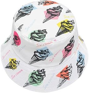 ZLYC Unisex Cute Print Bucket Hat Summer Travel Fisherman Cap for Women Men Teens (Ice Cream White)