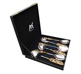 Maverics Gold Polished Classique Serves Designer Serving Spoon Set Gift Box | Flatware Cutlery Golden Feather Antique Handle Design | Made with Brass | Set of 6