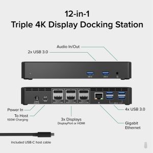 Plugable USB-C Triple Monitor Docking Station – 12-in-1, 4K HDMI/DP, 60W PD, Ethernet