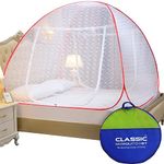 Classic Mosquito Net for Double Bed | King Size Embroidery Foldable Machardani | Polyester 30GSM Strong Net | PVC Coated Corrosion Resistant Steel Wire - Red