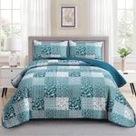 Mybedsoul Teal Blue Quilt Set Queen Size 3 Pieces Boho Plaid Turquoise Floral Bedspread Set Microfiber Lightweight Bohemian Bedding Bedspread Coverlet Set for All Season 90"x96"