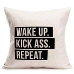 Aremetop Funny Quote Pillow Cases Wake Up Kick Ass and Repeat Words Decorative Throw Pillow Cushion Cover Cotton Linen 18x18 Inch Square Pillowcase for Sofa Couch,Black