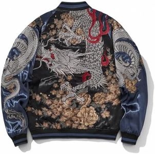 Sukajack Mens Embroidery Bomber Jacket Asian Style Dragon Streetwear Zip Up Vintage Windbreaker Motorcycle Coat Blue