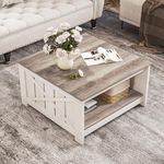 YITAHOME Farmhouse Coffee Table with Storage, Square Coffee Table for Living Room, Center Table with 2-Tier Half Open Storage Compartment, Wood Cocktail Small Coffee Tables, Grey Wash Coffee Table