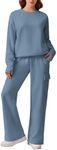 PINSPARK Sweatsuit Women 2 Piece Sets Oversized Tracksuits Fleece Pullover Top Thumb hole Comfort Cargo Sweatpants with Pockets Loose Matching Set 2024 Fall, Gray Blue Medium