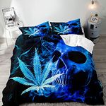 VIVIHOME 2PCS Blue Skull Bedding, Twin Bedding Sets, Trippy Cannabis Weed Leaf Duvet Cover, Gothic Bedding, Bedspread Quilt Comforter Cover, Stoner Room Decor for Men, Marijuana Gifts, 1 Pillowcase