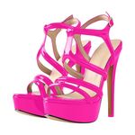 MissHeel Platform Stiletto Heels Ankle Sandals T-strap Buckle up Open-back High Heel Summer Sandals Hot Pink Size 11