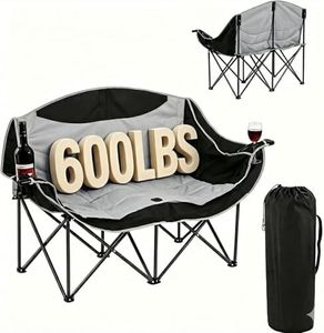 Double Camping Chair for Adults, Oversized Folding Camping Loveseat with Cup Holders, Heavy Duty Padded Double Camp Couch for Outdoor Beach, Tailgating, Sports Games, Backyard, Support 600 lbs