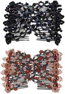 Casualfashion 2Pcs Handmade Beaded EZ Combsa Stretchable Double Combs As Seen On TV - Classic Black and Retro Coffee