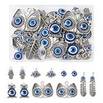 PandaHall 36Pcs Midnight Blue Evil Eye Charm Pendants 6 Style Owl Feather Hamsa Hand Evil Eye Alloy Enamel Charm Beads DIY Earring Bracelet Making Kit for Women Men Necklace Bracelet Jewelry Making