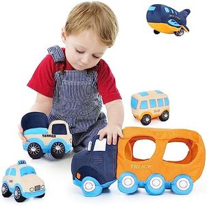 Muiteiur Big Car Stuffed Plush Toy, Soft Truck Toy Set with 4 Stuffed Baby Vehicles Toys Include Taxi Bus Airplane Tanker, Cute Cartoon Plush Gift for Kids Babies (15.7inch)