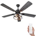 Ohniyou 52 Inch Farmhouse Ceiling Fan with Lights and Remote,3-Lights Ceiling Fan with Caged Light Fixture,Rustic Ceiling Fan for Patio,Livingroom,Kitchen,Dining Room(Wood Finished)