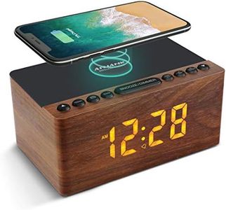 ANJANK Wooden Digital Alarm Clock FM Radio,10W Fast Wireless Charger Station for iPhone/Samsung Galaxy,5 Level Dimmer,USB Charging Port,2 Wake up Sounds,Bedrooms Sleep Timer,Wood LED Clock for Bedside