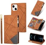 UEEBAI Wallet Case for iPhone 13 iPhone 14 6.1 inch, Vintage Premium PU Leather Cover Flip Case with Card Slots Magnetic Closure Zipper Pocket Kickstand Handbag with Hand Strap - Brown