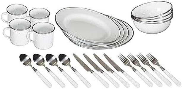 Stansport 1122003 Enamel Camping Tableware Set-24 Pieces-White with Blue Specs