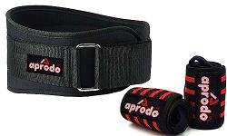 Aprodo Fitness Combo Weight Lifting Belt Back Support 4.5 Inch Wide with Extra Premium Wrist Support 1 Pair for Men and Women (Black RED Combo, Small 28'' - 32'')