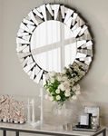 Artloge Round Decorative Mirror Wall: 32 inch Large Silver Vanity with Beveled Glass Frame Edge and Back for Modern Home Mirrored Art Accent Decor Bathroom Bedroom Living Room