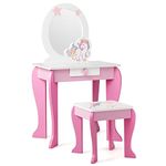 KOTEK Kids Vanity Set with Mirror and Stool, 2 in 1 Wooden Princess Makeup Dressing Table Set w/Detachable Top & Storage Drawer, Pretend Play Vanity Table Set for Girls (Pink Star)