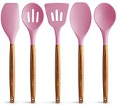 Zulay Kitchen Non-Stick Silicone Utensils Set with Authentic Acacia Wood Handles - 5 Piece Silicone Cooking Utensils Set - Pink