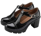 DADAWEN Women's Classic T-Strap Platform Mid-Heel Square Toe Oxfords Dress Shoes Black US Size 9