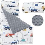 PHF Toddler Nap Mat with Removable Pillow and Minky Fleece Blanket, Rollup Design Warm Slumber Bags for Boys, 52"x20" Kids Sleeping Bag for Daycare Preschool Travel Camping, Truck and Digger