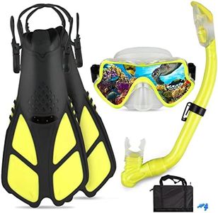AosDero Kids Snorkeling Set - Adjustable Kids Flippers + Panoramic Snorkel Mask + Dry Snorkel Tube + Travel Bags - Suitable Snorkeling Gear for Ages 5-14