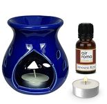 AIR-ROMA Air Roma Blue Ceramic Aroma Diffuser Burner With 10Ml Japanese Rose Oil & 2 Pcs Candles | Strong & Long-Lasting Aroma | Ceramic Aroma Burner Gift Set