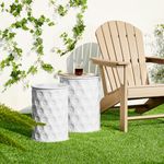 Glitzhome Outdoor Side Tables Set of 2 Decorative Garden Stools, Metal Embossed Honeycomb Texture Cylindrical Glossy Modern End Table Plant Stand Accent Table, White