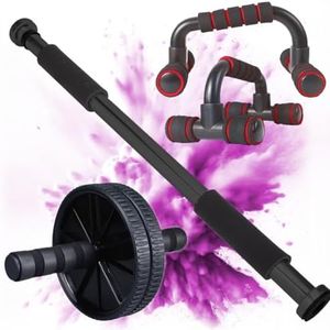 Set de barra de dominadas ajustable, rodillo Abdominal y soportes para Flexiones ideal para Musculación y Fitness. Set Completo de gimnasio en Casa sin Tornillos apto para puertas y paredes